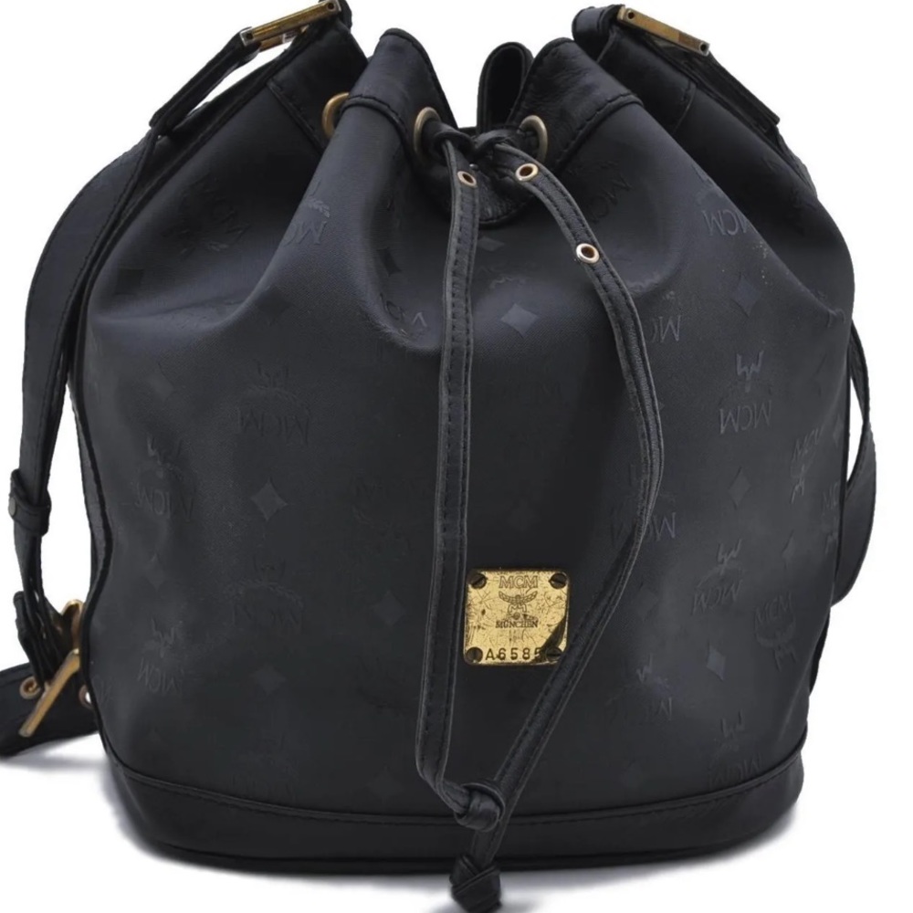 MCM Visetos Leather Trim Vintage Drawstring Shoulder Cross Body Bag Black